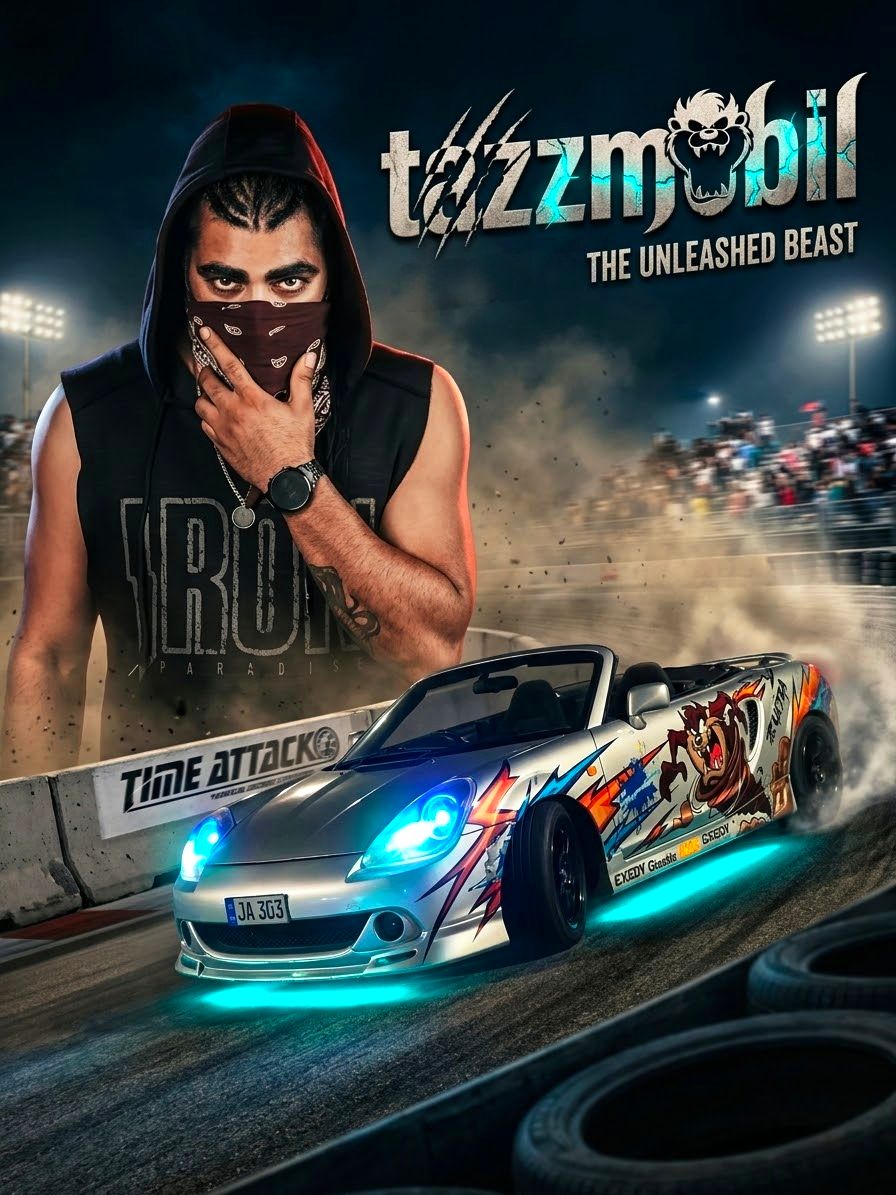 Tazzmobil – The Unleashed Beast afişi: pilot Yusuf Özcan Doğan ve dumanlar içinde Tazzmobil